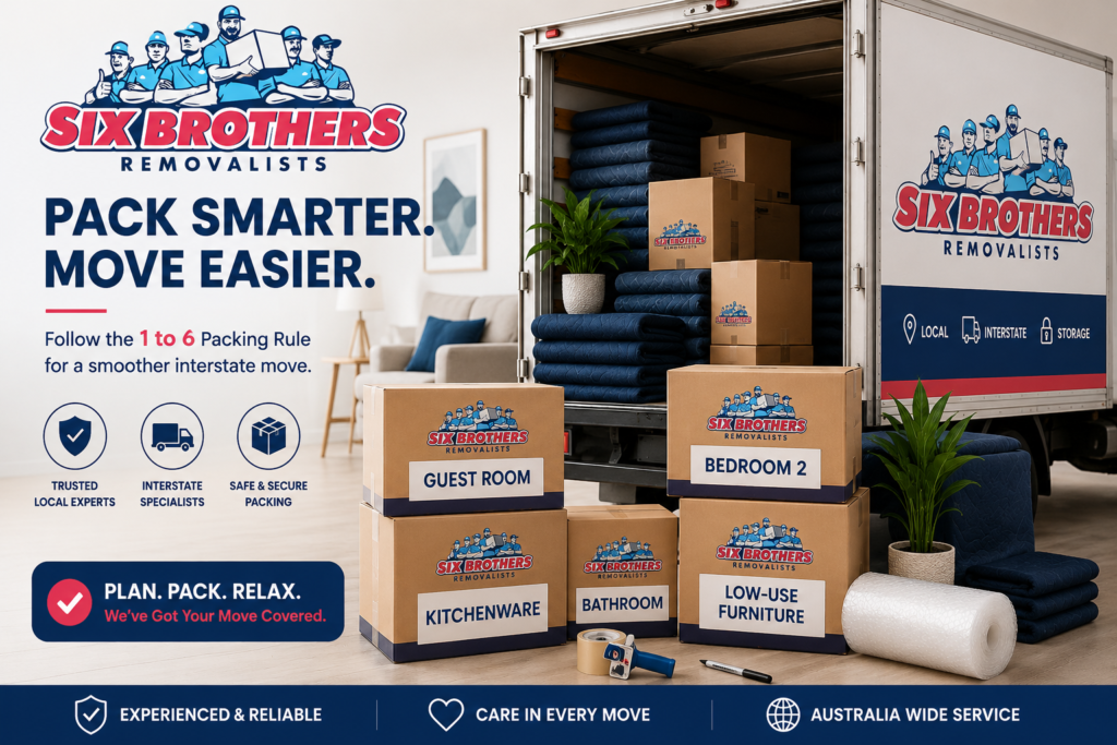 1 to 6 packing rule in interstate moving by Six Brothers Removalists with branded truck and boxes