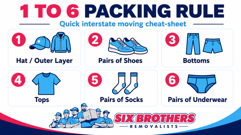 1 to 6 packing rule in interstate moving cheat sheet by Six Brothers Removalists with numbered clothing icons