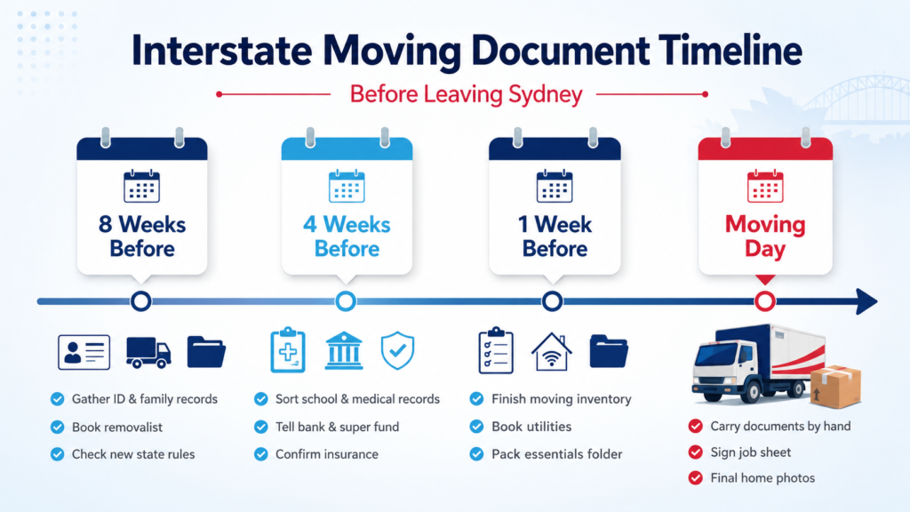 Documents you need when moving interstate timeline graphic by Six Brothers Removalists before leaving Sydney