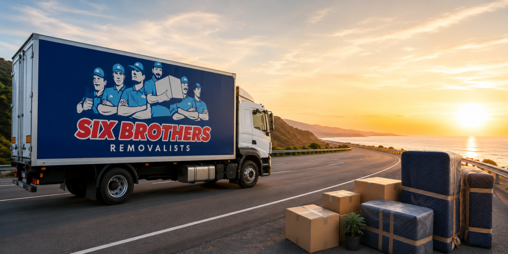Why do interstate moves cost more than local moves cover image by Six Brothers Removalists truck on highway