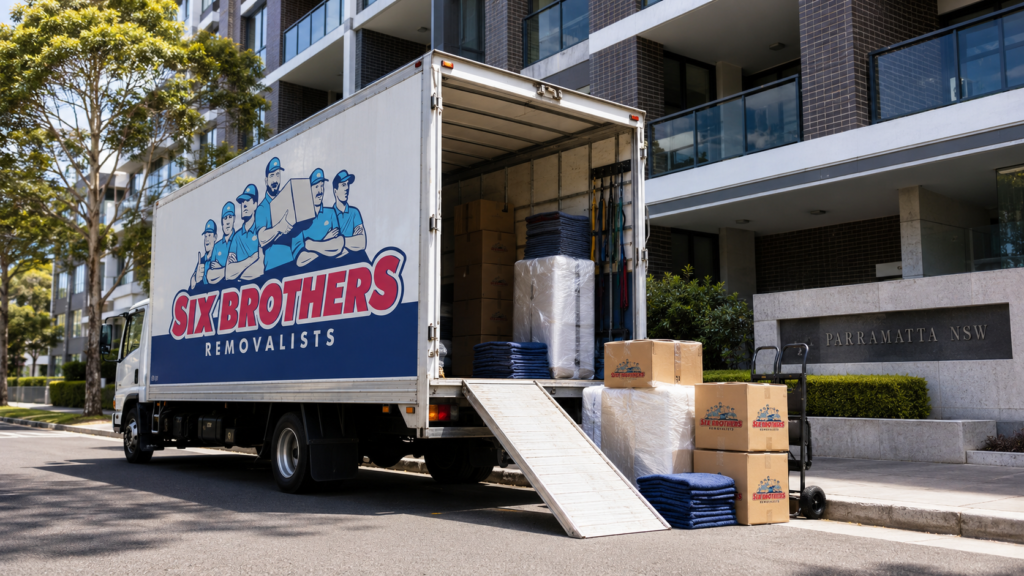 Six Brothers Removalists truck at a Parramatta unit showing how to move interstate without paying for unused truck space