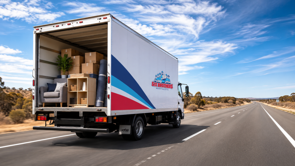 Removalist truck on an open highway showing the cheapest way to move furniture interstate by Six Brothers Removalists