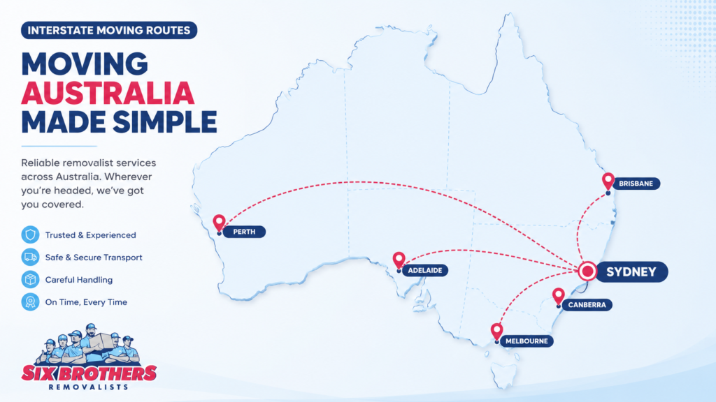 Map graphic showing the cheapest way to move furniture interstate with Six Brothers Removalists routes