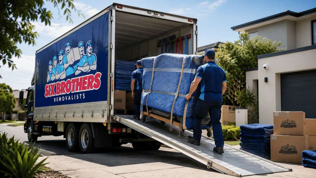 How to move heavy furniture interstate with Six Brothers Removalists loading a wrapped sofa