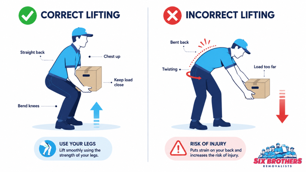 How to move heavy furniture interstate safely with Six Brothers Removalists lifting posture diagram