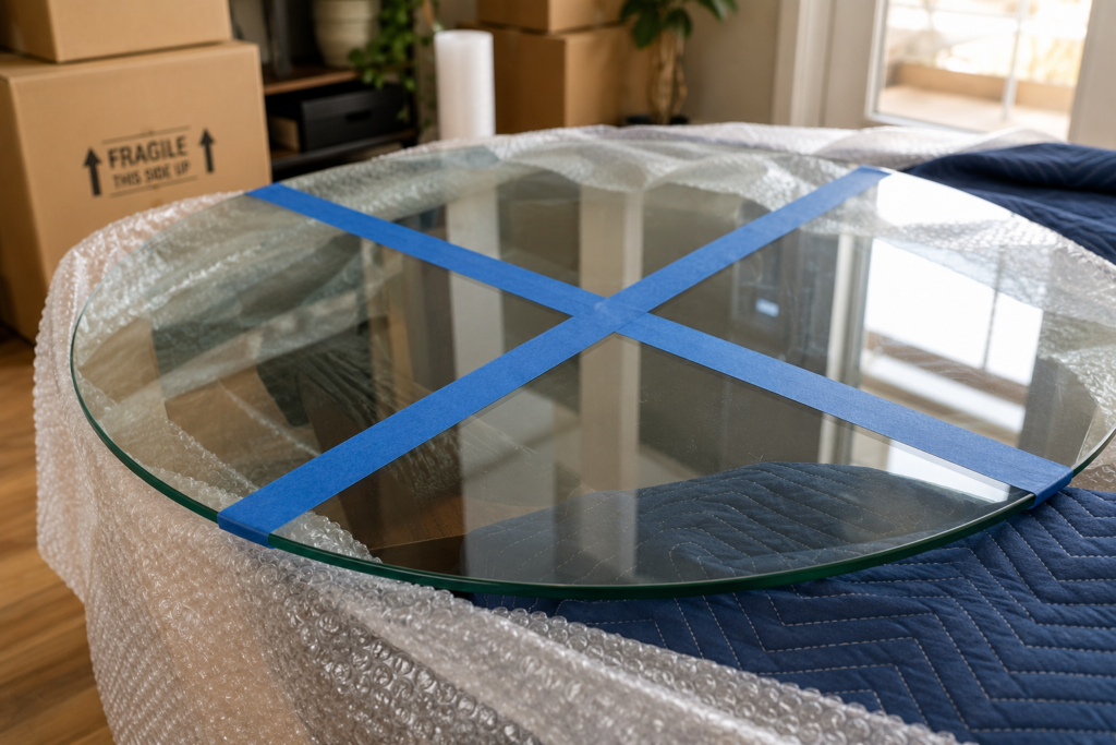 How to protect furniture during an interstate move with Six Brothers Removalists glass tabletop taped in X shape