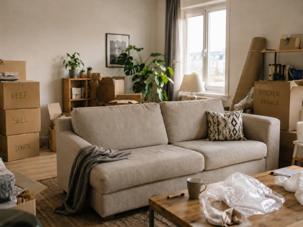 Large sofa in a packed home showing sell furniture before moving interstate advice by Six Brothers Removalists.