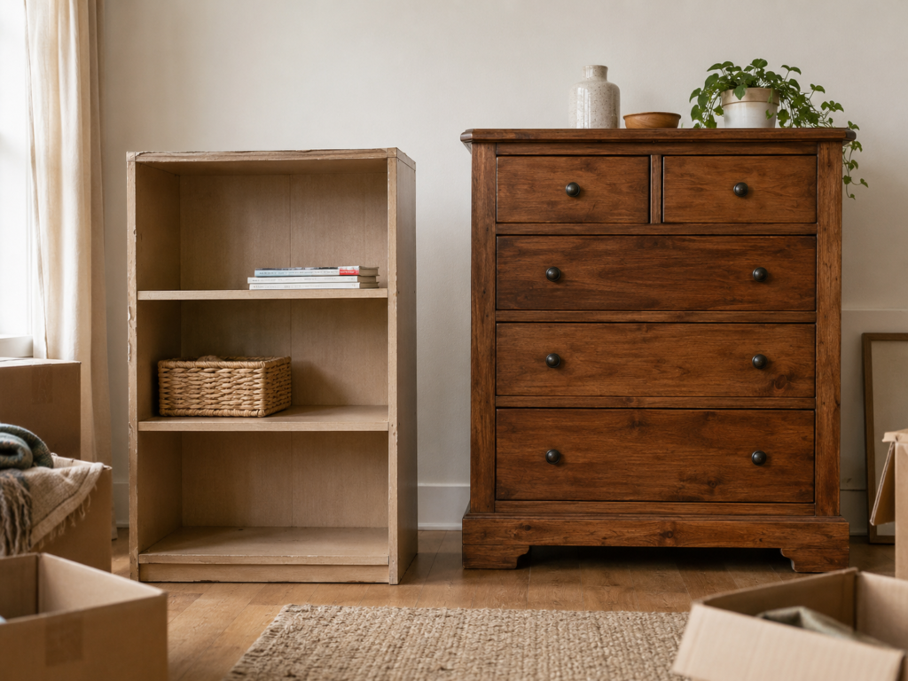 Side-by-side flat-pack shelf and timber dresser for sell furniture before moving interstate by Six Brothers Removalists.