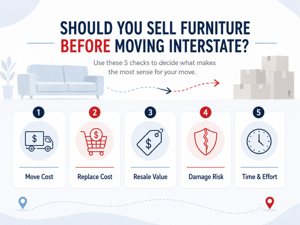 Infographic on sell furniture before moving interstate with 5 checks by Six Brothers Removalists.