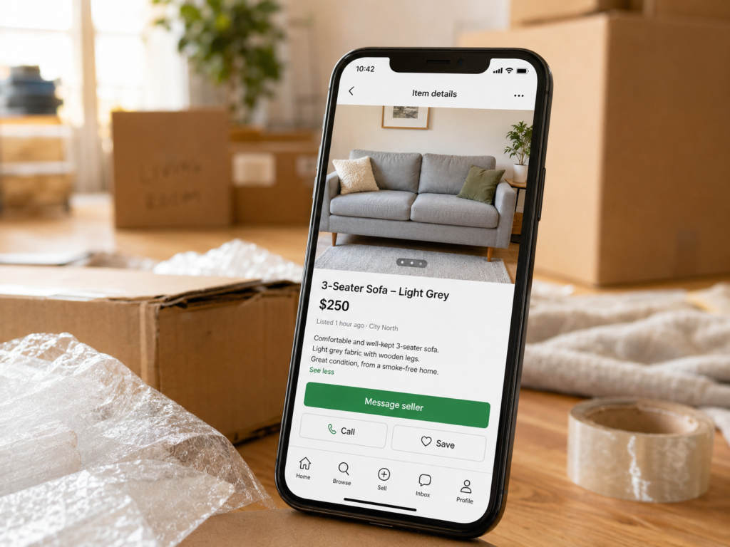 Phone showing a furniture listing to sell furniture before moving interstate by Six Brothers Removalists.
