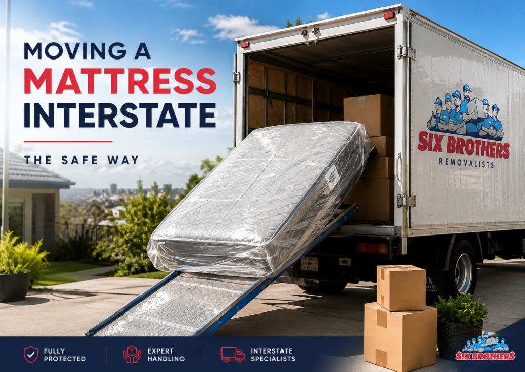 How to move a mattress interstate with Six Brothers Removalists, showing a wrapped mattress sliding into a truck