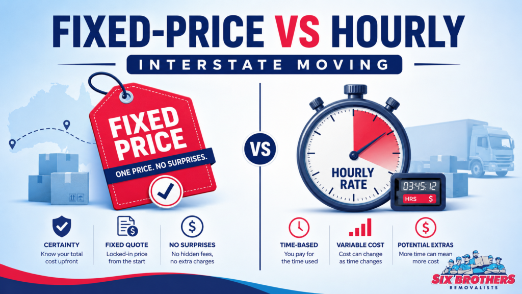 Fixed price vs hourly interstate moving cover image by Six Brothers Removalists with price tag and ticking meter