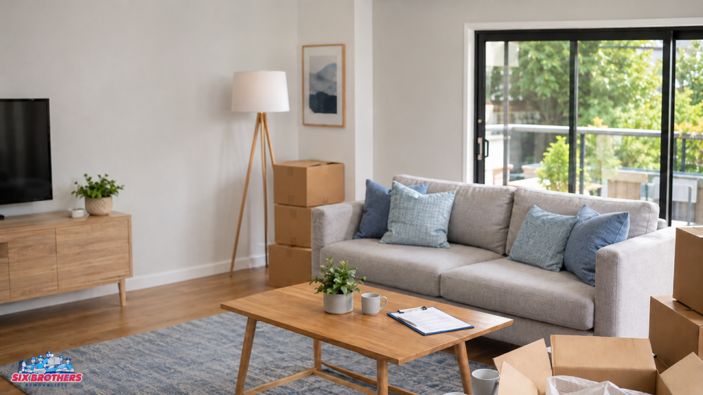 Fixed price vs hourly interstate moving home survey scene by Six Brothers Removalists with lounge room boxes