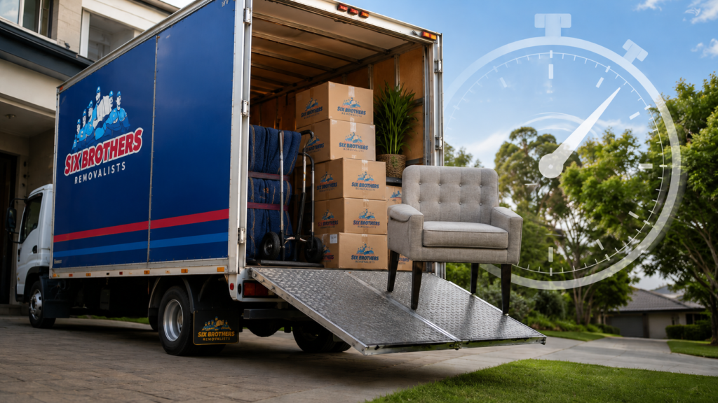 Fixed price vs hourly interstate moving image by Six Brothers Removalists with loaded truck and clock overlay