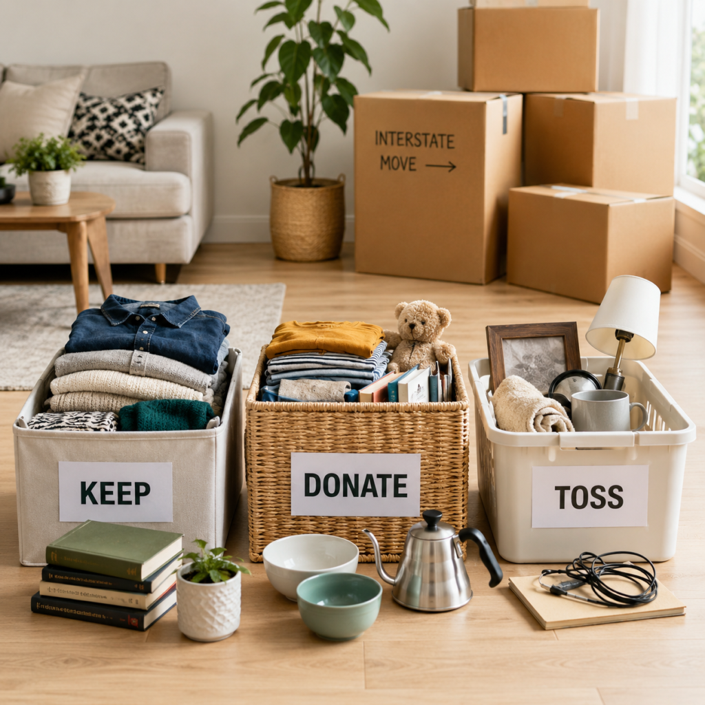 Avoid overpacking interstate move image showing keep, donate and toss sorting bins by Six Brothers Removalists.