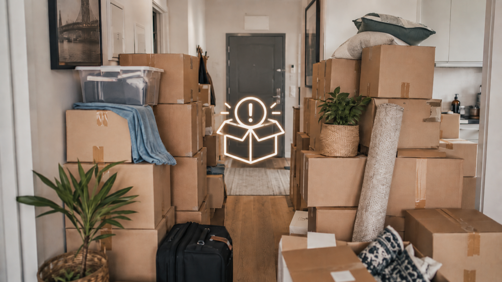 Avoid overpacking interstate move image by Six Brothers Removalists with stacked boxes in a Sydney hallway.