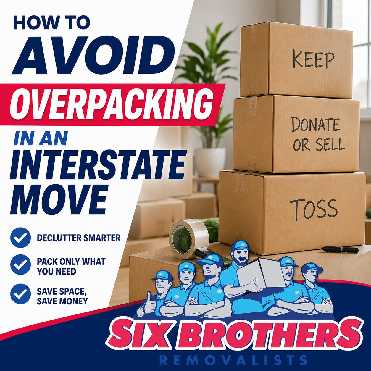 Featured image for avoid overpacking interstate move tips by Six Brothers Removalists with labelled moving boxes.