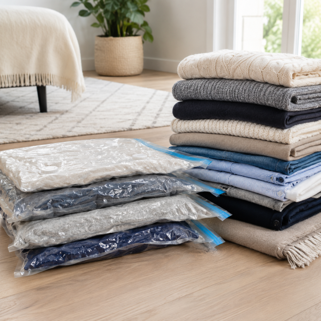 Avoid overpacking interstate move image by Six Brothers Removalists showing vacuum-sealed clothes beside folded garments.