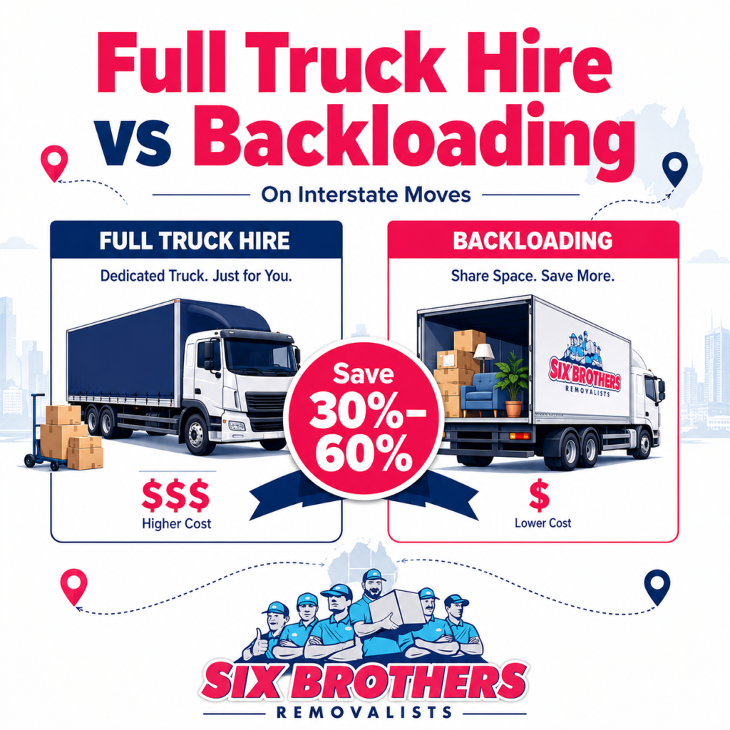 Backloading save on an interstate move graphic by Six Brothers Removalists comparing full truck hire costs