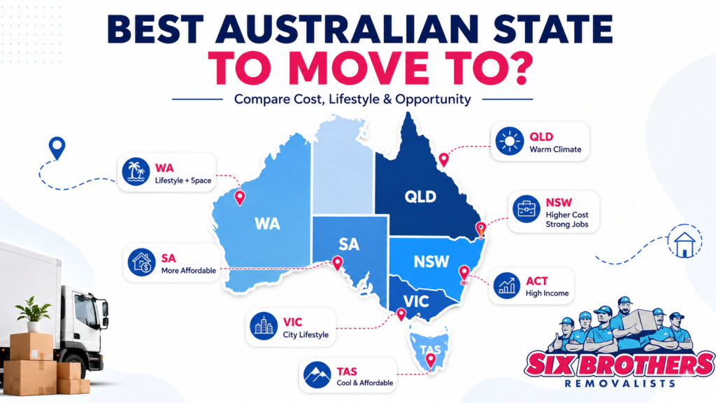 Best Australian state to move to map by Six Brothers Removalists comparing NSW, QLD, VIC, SA, WA, ACT and TAS
