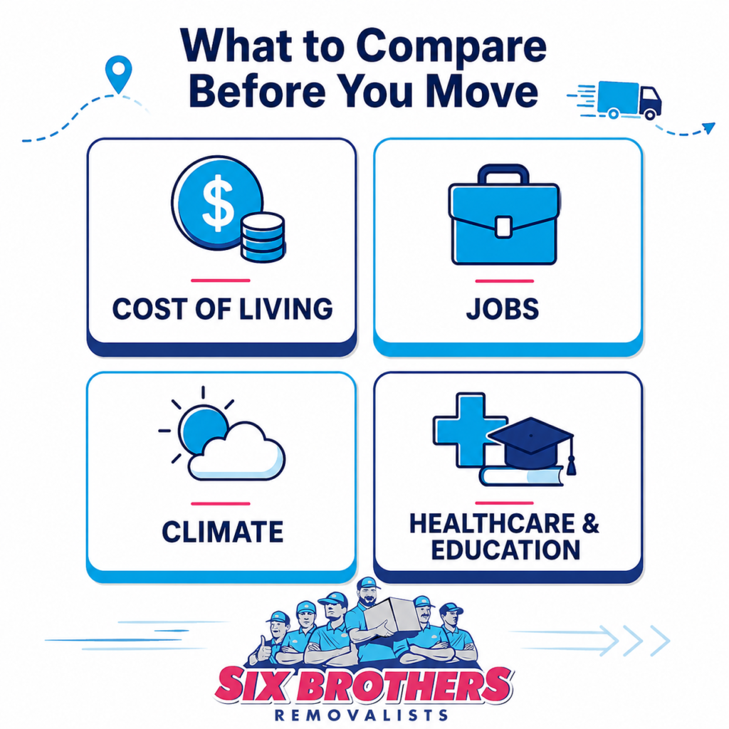 Best Australian state to move to graphic by Six Brothers Removalists showing cost, jobs, climate and healthcare