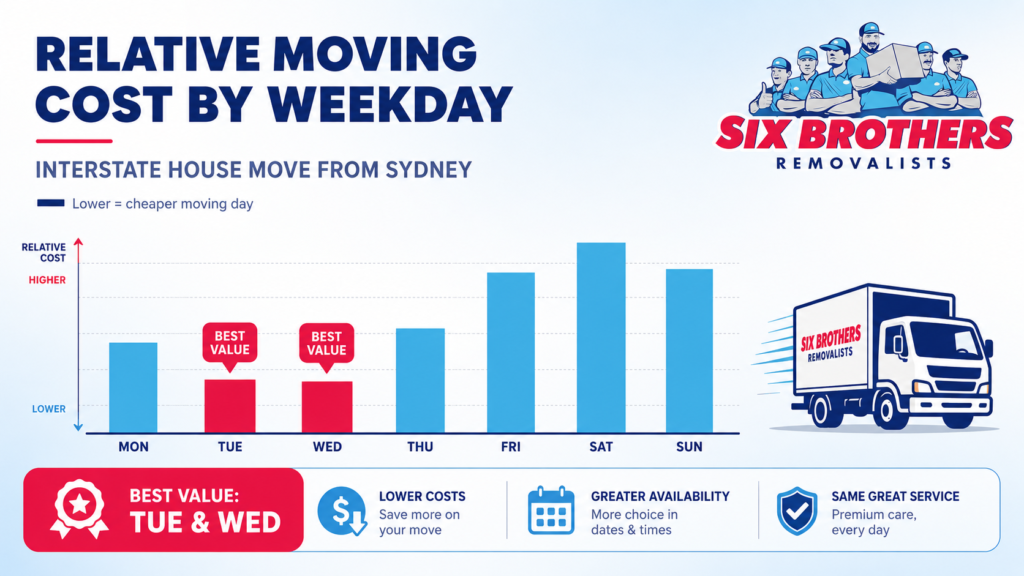Best day to move interstate house infographic by Six Brothers Removalists showing cheaper Tuesday and Wednesday.