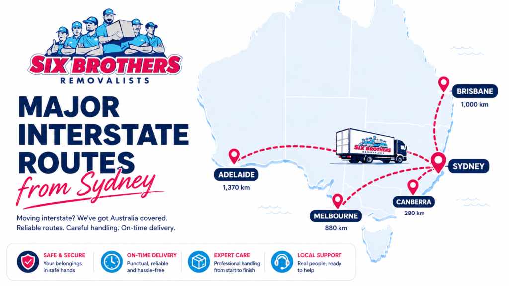 Best day to move interstate house route map by Six Brothers Removalists showing major routes from Sydney.