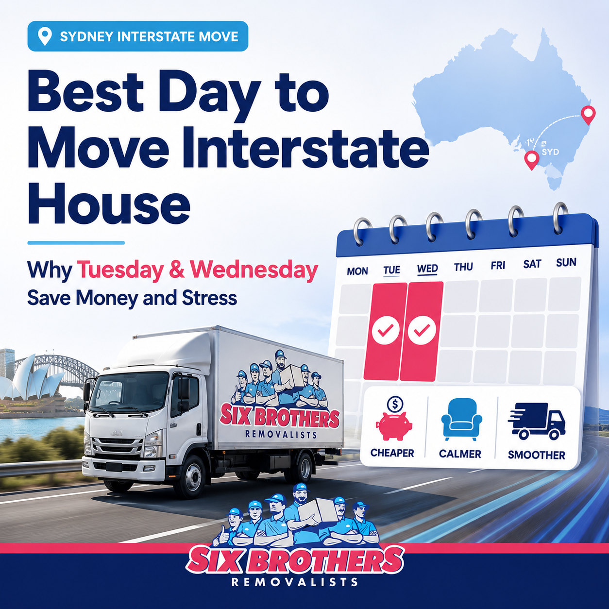 Best day to move interstate house with Six Brothers Removalists crew loading a truck as a family waits nearby.