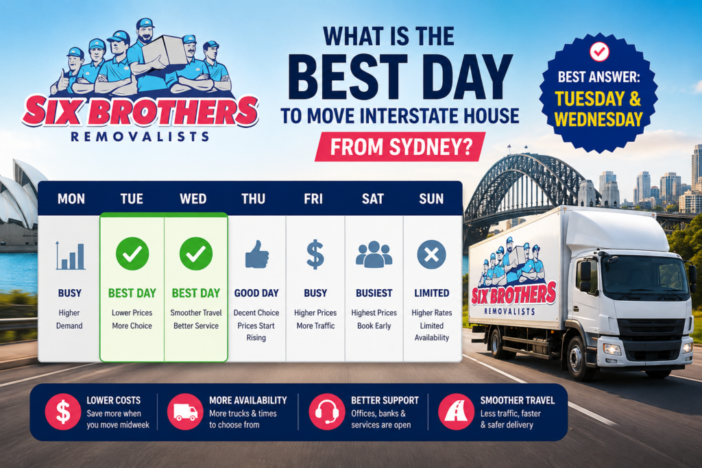 Best day to move interstate house infographic by Six Brothers Removalists with weekday guide and Sydney truck.