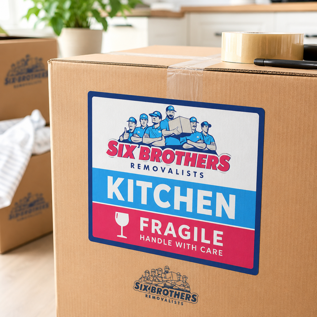 Colour coded moving labels on a moving box to avoid interstate packing mistakes by Six Brothers Removalists.