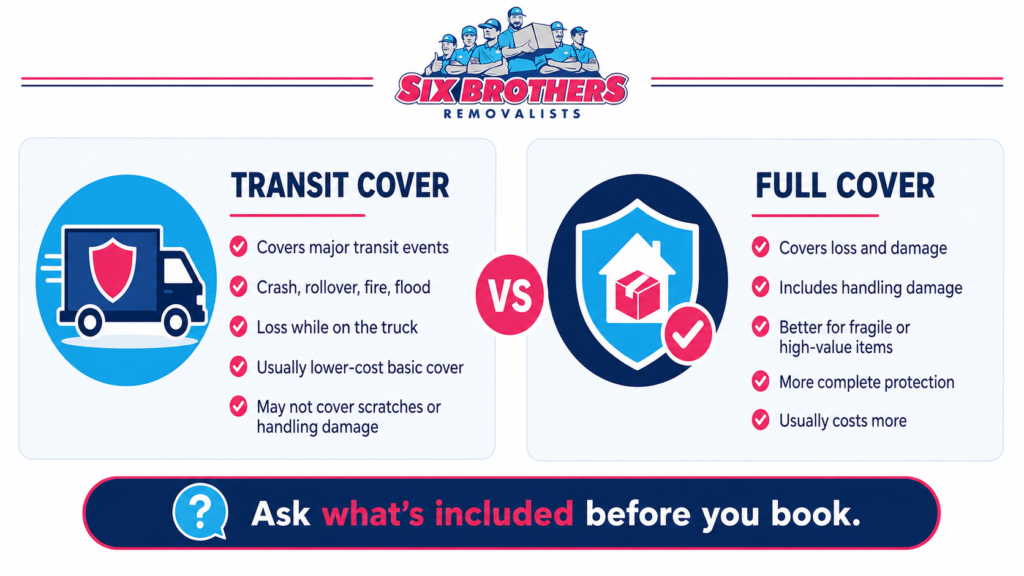 Do interstate removalists offer insurance? Graphic by Six Brothers Removalists comparing transit cover vs full cover.