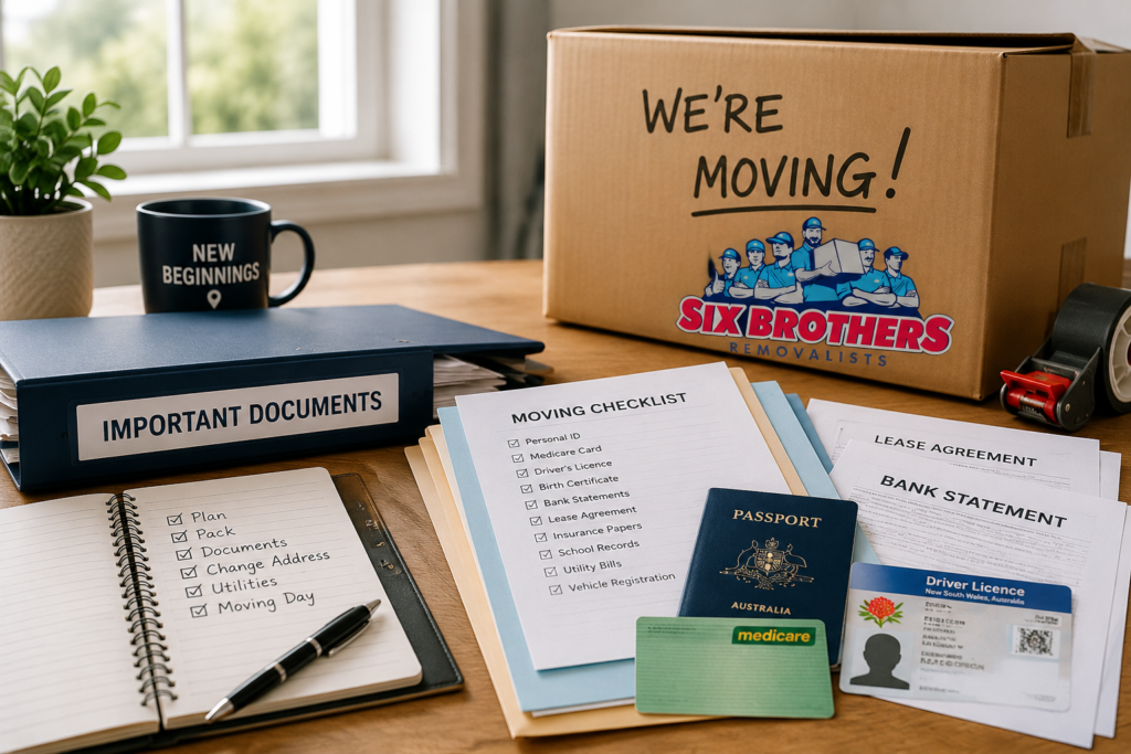 Documents you need when moving interstate shown with folder, checklist, moving box and Six Brothers Removalists branding