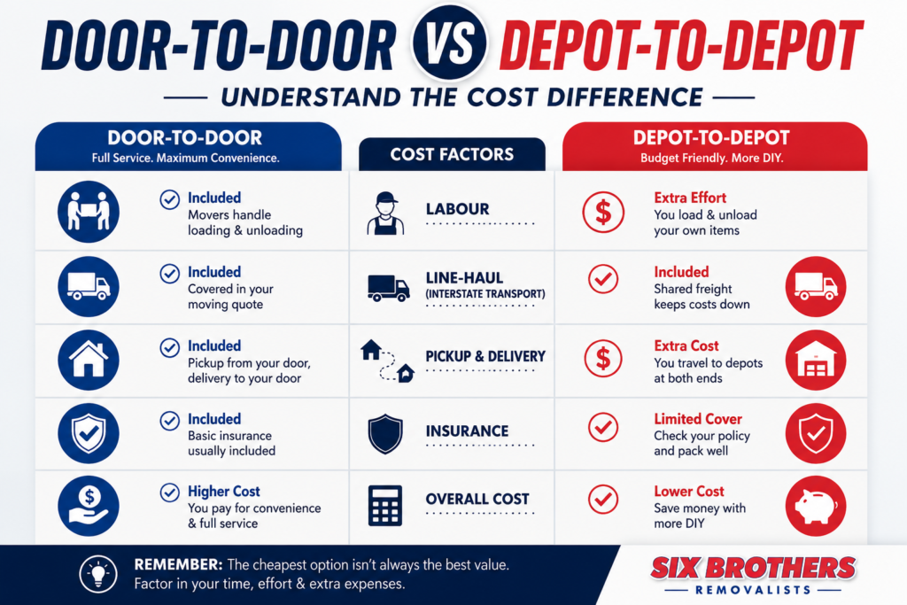 Door-to-door vs depot-to-depot interstate moving cost infographic by Six Brothers Removalists