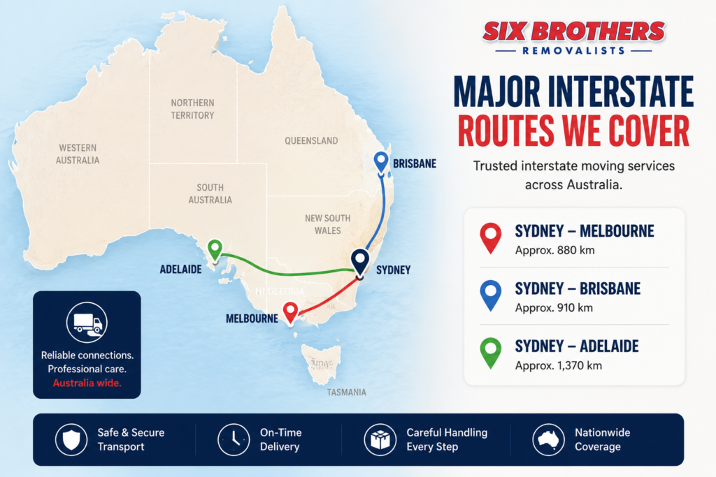 Map showing door-to-door vs depot-to-depot interstate moving routes by Six Brothers Removalists