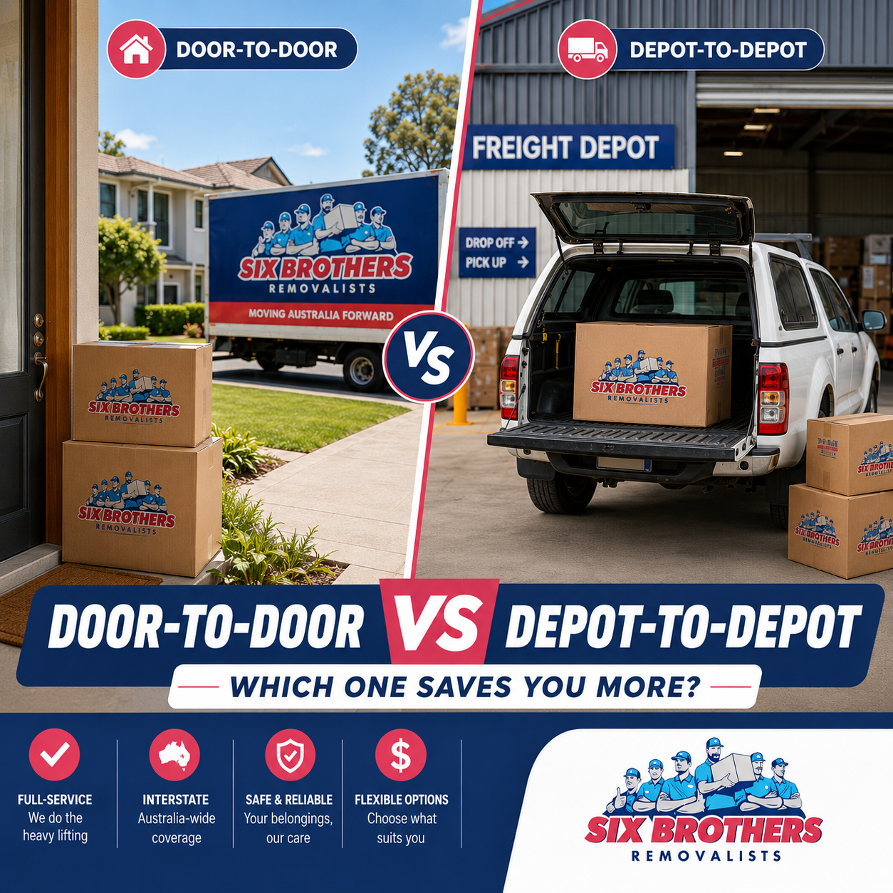 Door-to-door vs depot-to-depot interstate moving comparison image by Six Brothers Removalists