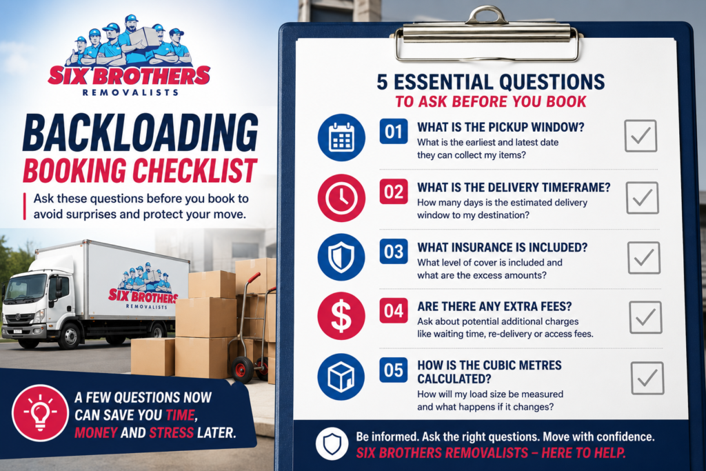 Downsides of backloading checklist by Six Brothers Removalists covering pickup, delivery, insurance, fees and cubic metres