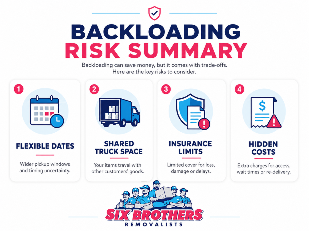 Downsides of backloading infographic by Six Brothers Removalists showing dates, shared space, insurance and hidden costs