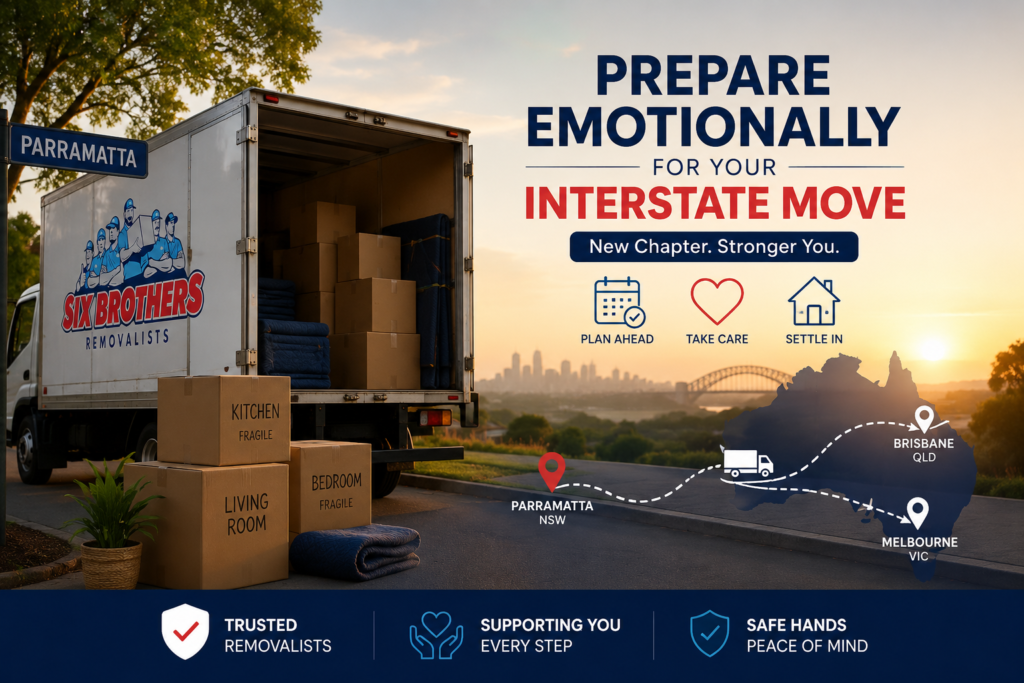Cover image to emotionally prepare for an interstate move with Six Brothers Removalists truck and route graphic