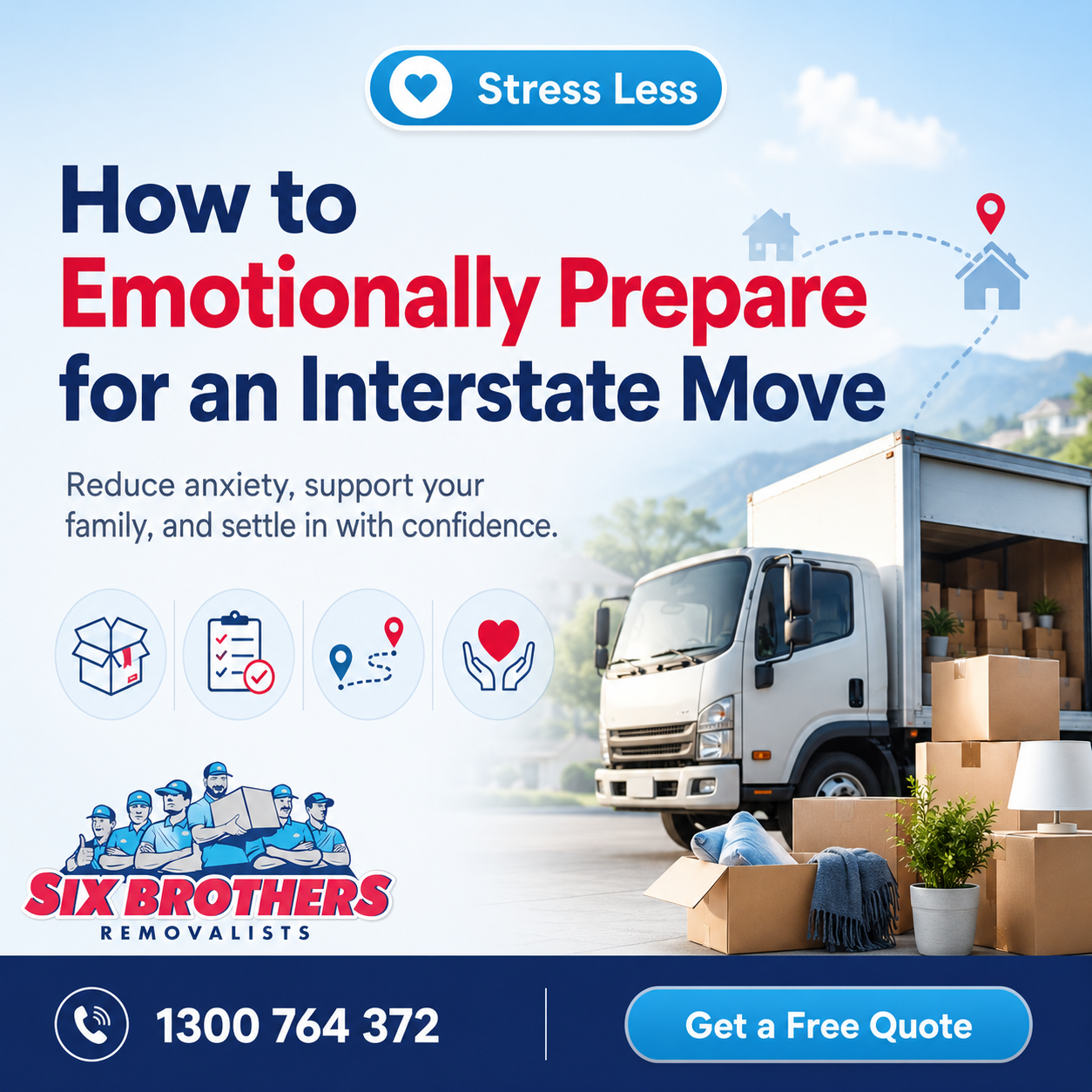 Emotionally prepare for an interstate move with Six Brothers Removalists, showing truck, boxes and stress less checklist