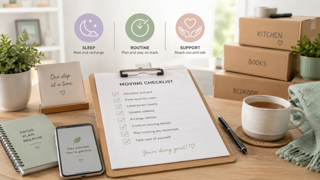 Desk scene helping readers emotionally prepare for an interstate move with Six Brothers Removalists checklist and boxes