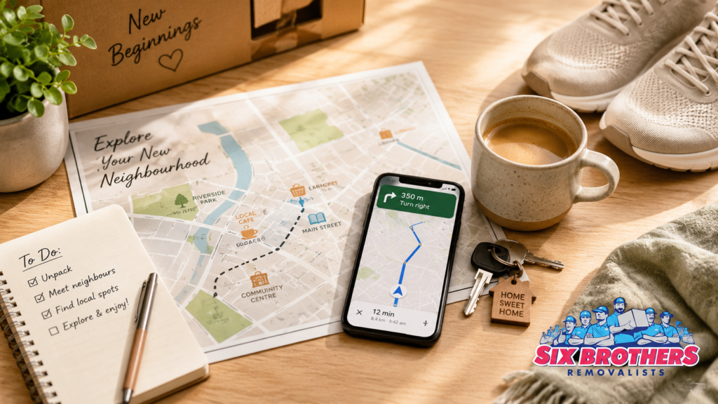 Feel at home after moving interstate with Six Brothers Removalists using a local map, keys, coffee cup and walking shoes.
