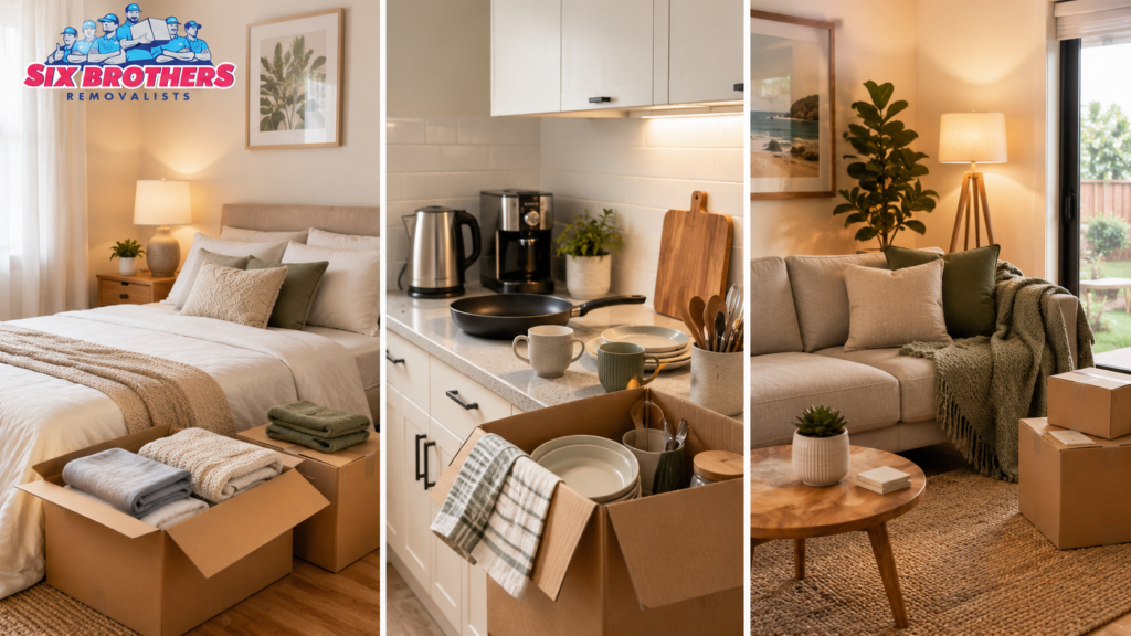 Feel at home after moving interstate with Six Brothers Removalists, showing bedroom, kitchen basics and a cosy living area being set up.