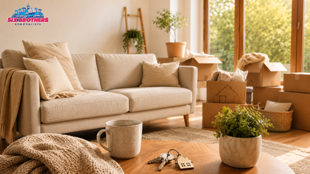 Feel at home after moving interstate with Six Brothers Removalists in a warm living room with boxes, keys and coffee cup.