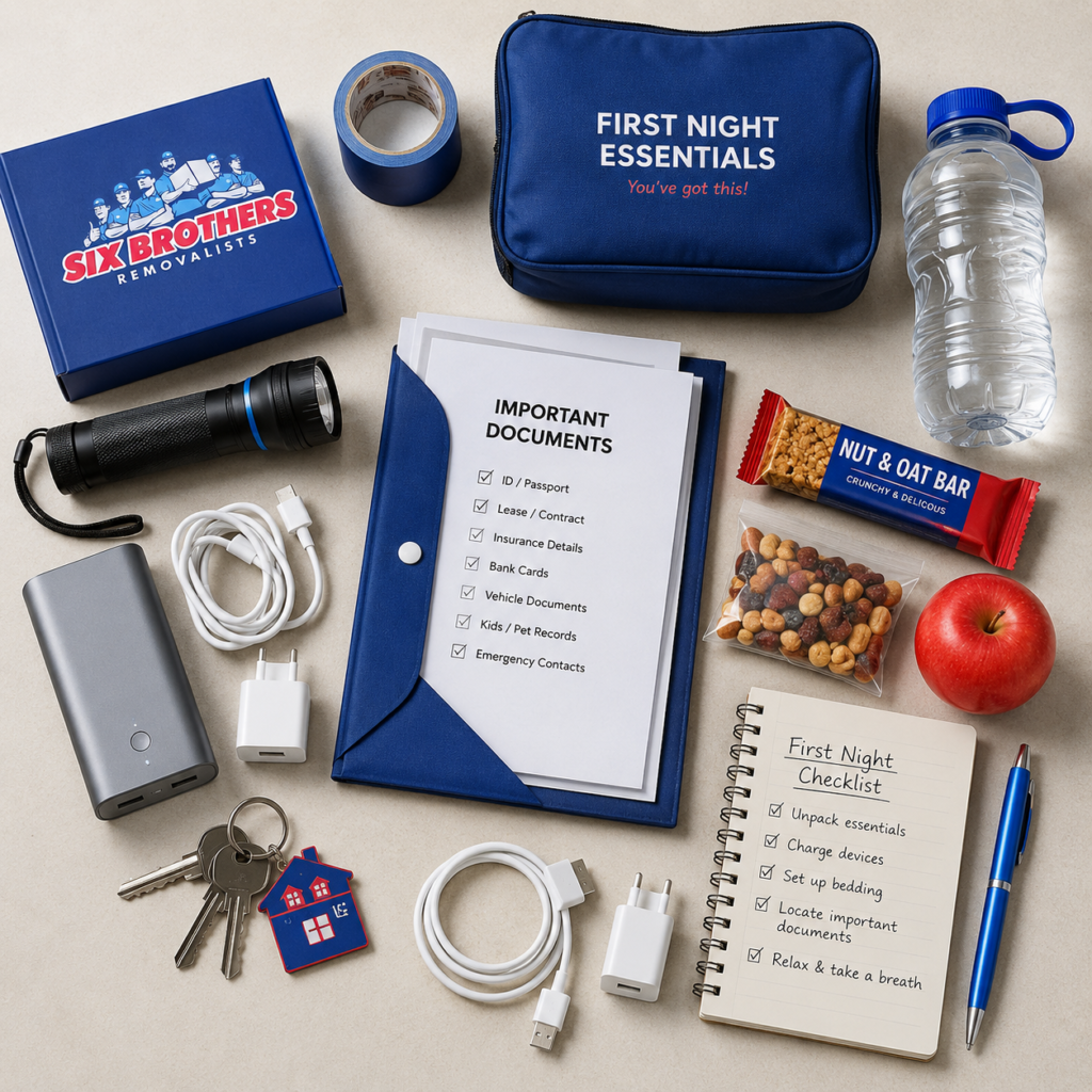 What not to forget when moving interstate survival kit flat-lay by Six Brothers Removalists