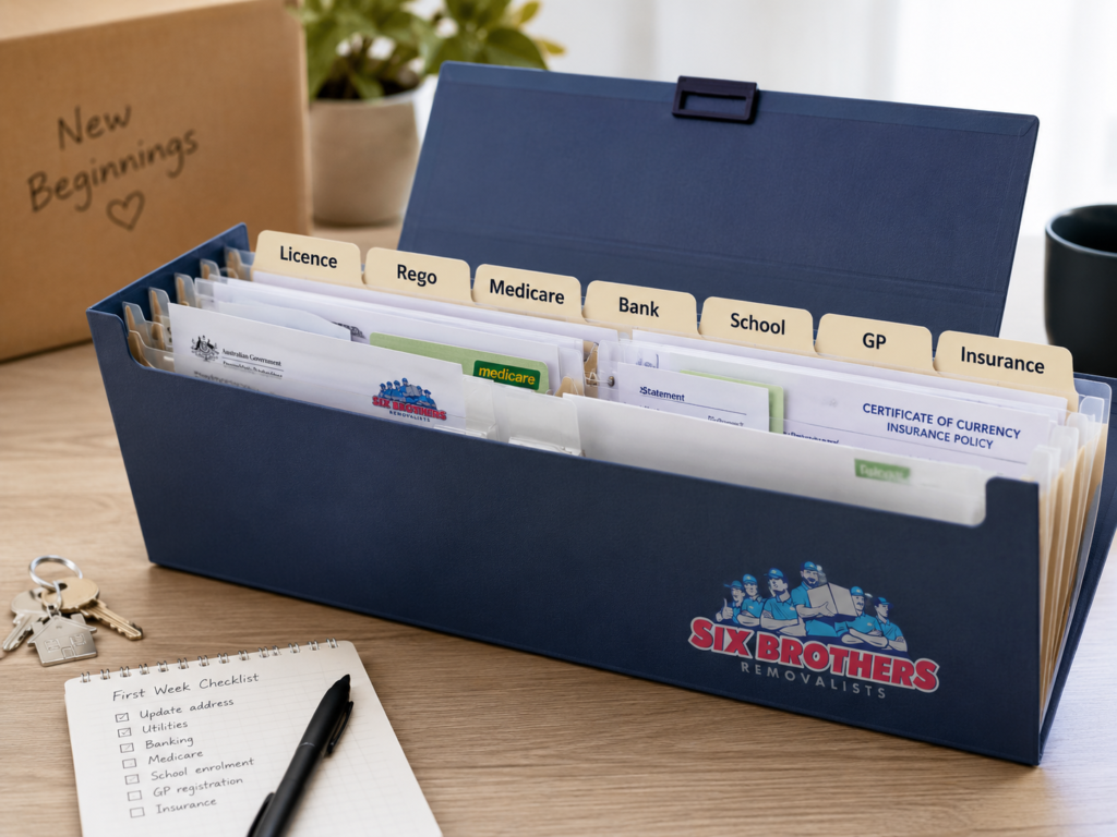 First week after moving interstate document folder with admin tabs by Six Brothers Removalists