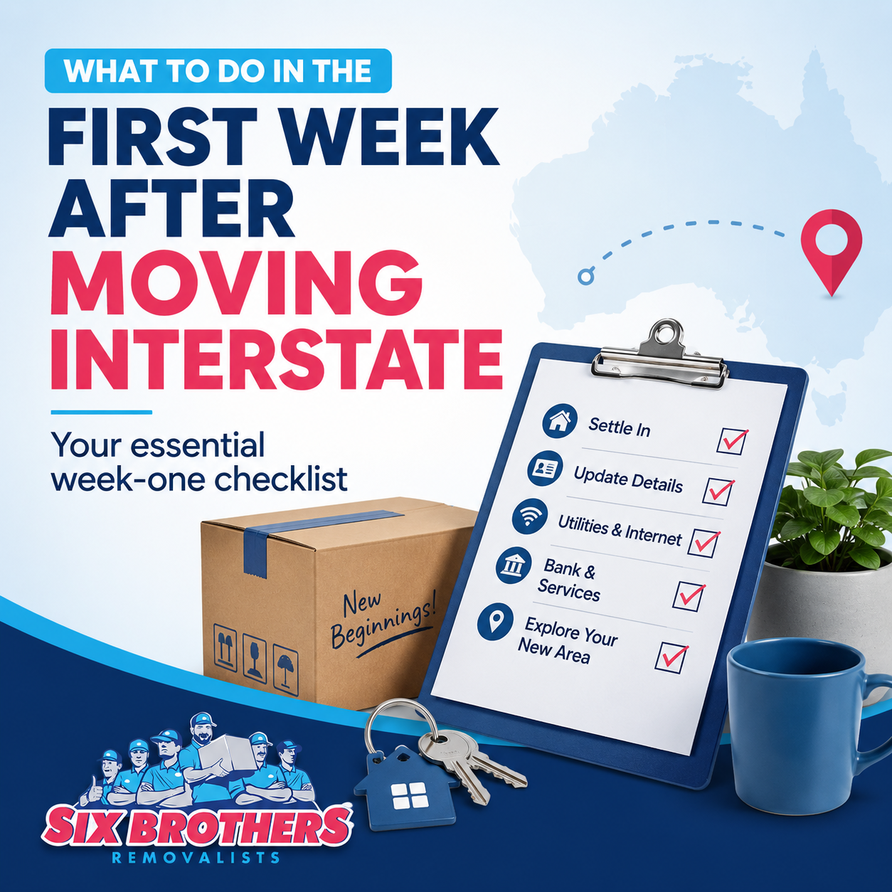 First week after moving interstate checklist by Six Brothers Removalists with boxes, keys and address tasks