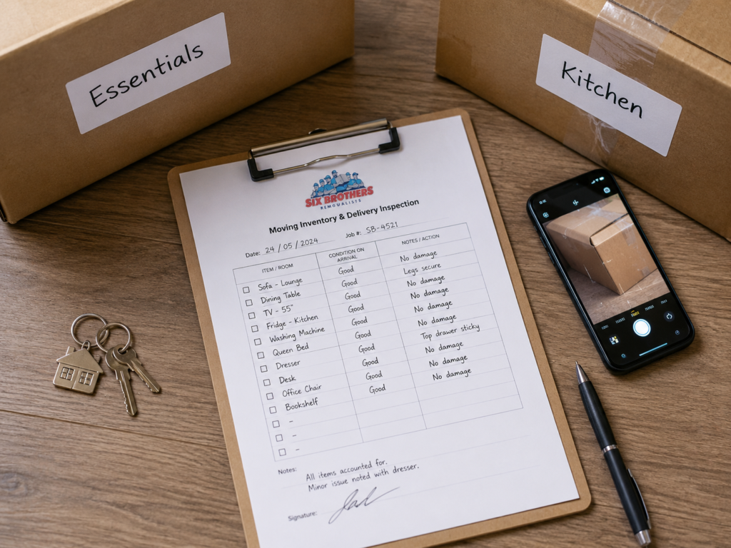 First week after moving interstate flat-lay checklist with boxes, keys and phone by Six Brothers Removalists