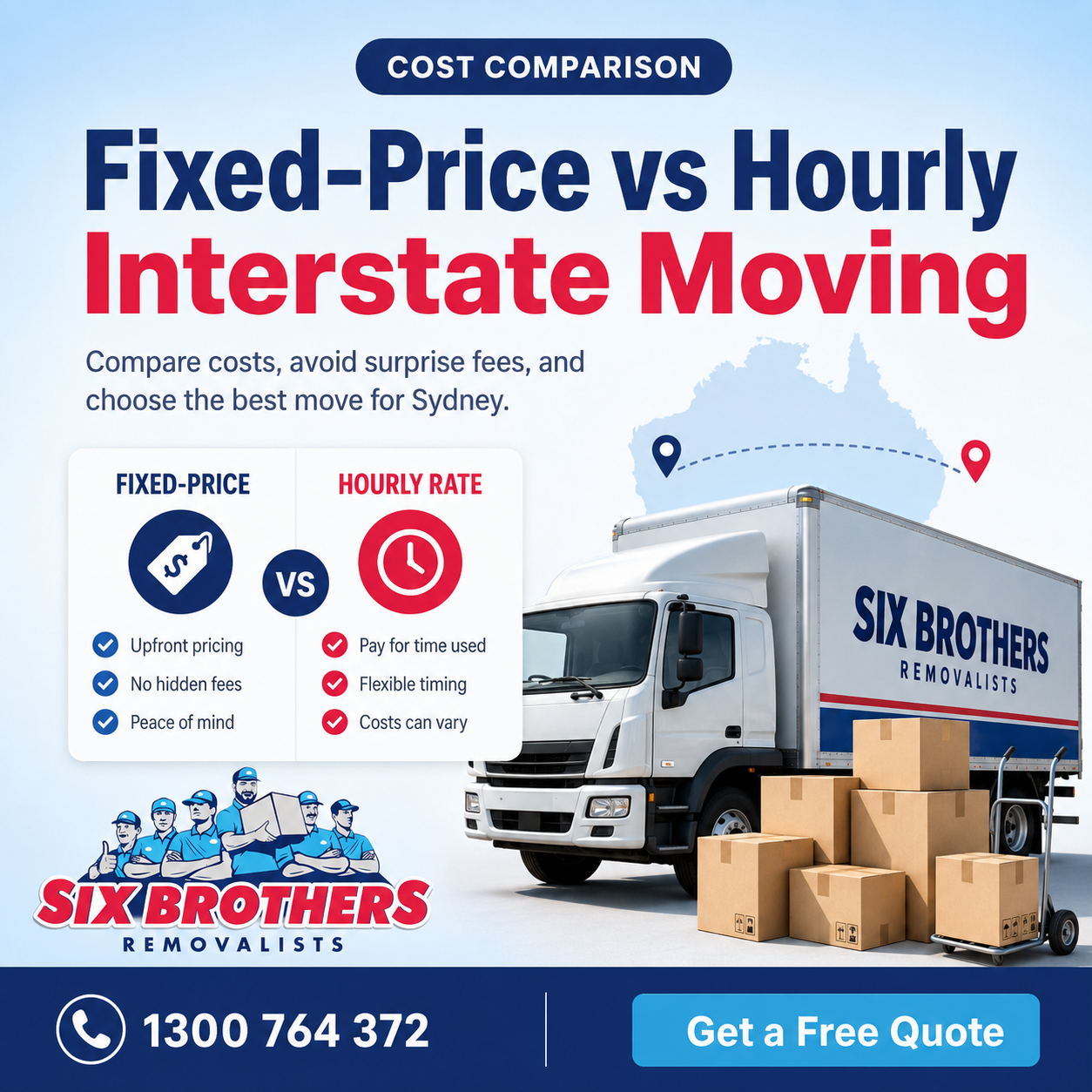 Fixed price vs hourly interstate moving guide by Six Brothers Removalists with truck, boxes and quote CTA