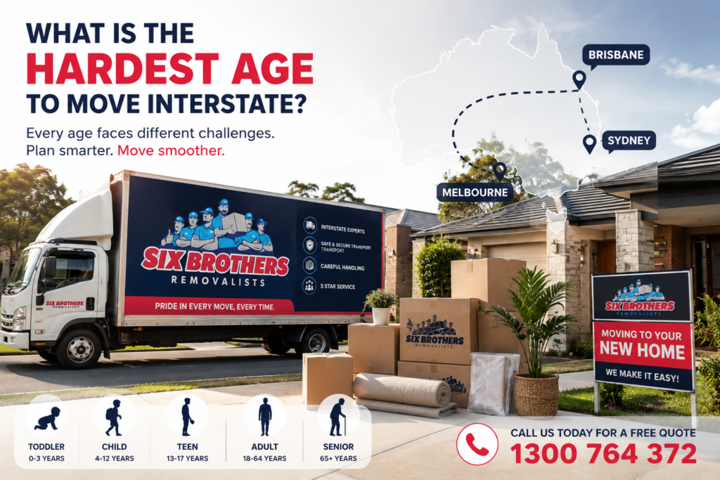 Hardest age to move interstate cover image by Six Brothers Removalists with truck, home, route map and age-group icons