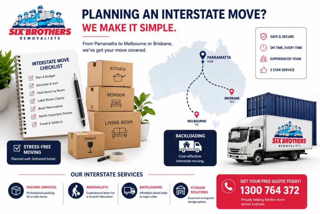Hardest age to move interstate planning graphic by Six Brothers Removalists with checklist, boxes, route map and service icons